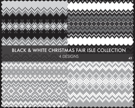 Black and White Christmas fair isle pattern collection includes 4 design swatches for fashion textiles, knitwear and graphicsのイラスト素材