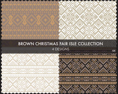 Brown Christmas fair isle pattern collection includes 4 design swatches for fashion textiles, knitwear and graphicsのイラスト素材