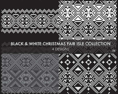 Black and White Christmas fair isle pattern collection includes 4 design swatches for fashion textiles, knitwear and graphicsのイラスト素材