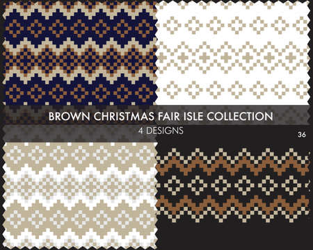 Brown Christmas fair isle pattern collection includes 4 design swatches for fashion textiles, knitwear and graphicsのイラスト素材