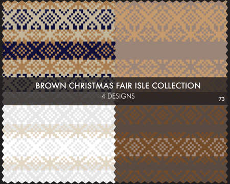 Brown Christmas fair isle pattern collection includes 4 design swatches for fashion textiles, knitwear and graphicsのイラスト素材