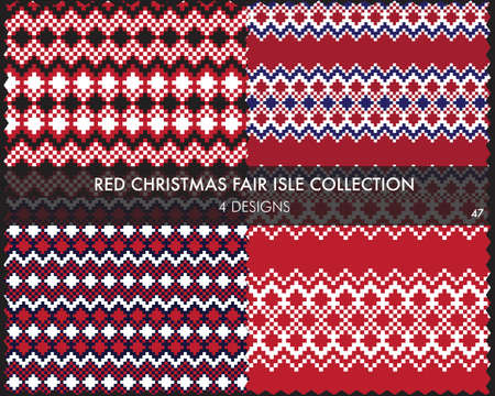 Red Christmas fair isle pattern collection includes 4 design swatches for fashion textiles, knitwear and graphicsのイラスト素材