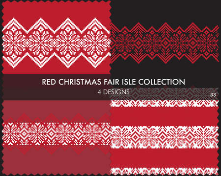 Red Christmas fair isle pattern collection includes 4 design swatches for fashion textiles, knitwear and graphicsのイラスト素材