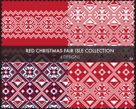 Red Christmas fair isle pattern collection includes 4 design swatches for fashion textiles, knitwear and graphicsのイラスト素材