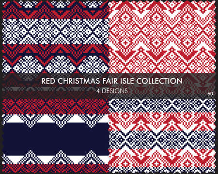Red Christmas fair isle pattern collection includes 4 design swatches for fashion textiles, knitwear and graphicsのイラスト素材