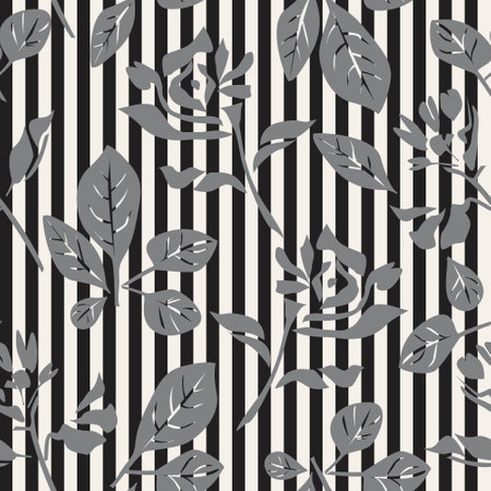 Black and White Floral tropical botanical seamless pattern with striped background for fashion textiles and graphicsのイラスト素材