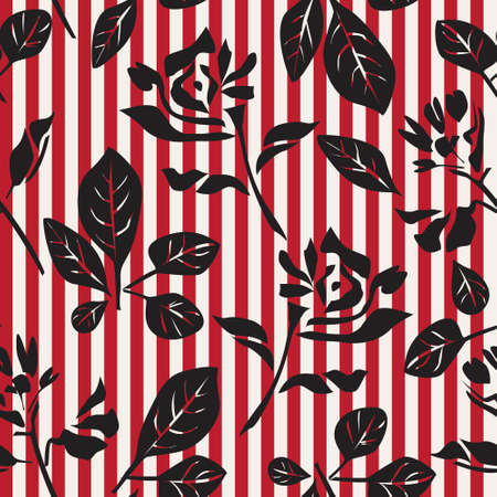 Red Floral tropical botanical seamless pattern with striped background for fashion textiles and graphicsのイラスト素材