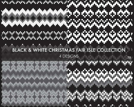 Black and White Christmas fair isle pattern collection includes 4 design swatches for fashion textiles, knitwear and graphicsのイラスト素材