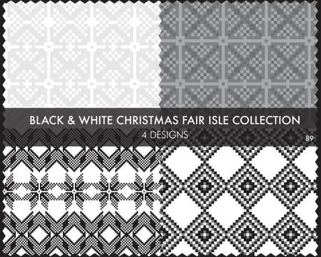 Black and White Christmas fair isle pattern collection includes 4 design swatches for fashion textiles, knitwear and graphicsのイラスト素材
