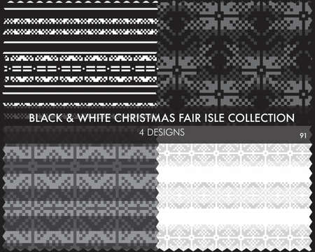 Black and White Christmas fair isle pattern collection includes 4 design swatches for fashion textiles, knitwear and graphicsのイラスト素材