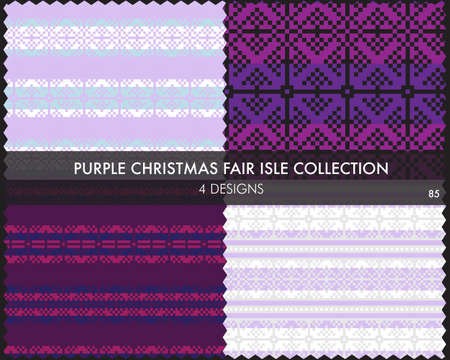 Purple Christmas fair isle pattern collection includes 4 design swatches for fashion textiles, knitwear and graphicsのイラスト素材