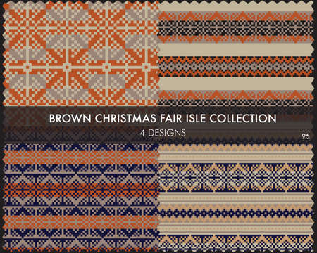 Brown Christmas fair isle pattern collection includes 4 design swatches for fashion textiles, knitwear and graphicsのイラスト素材
