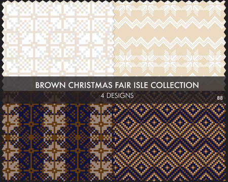 Brown Christmas fair isle pattern collection includes 4 design swatches for fashion textiles, knitwear and graphicsのイラスト素材