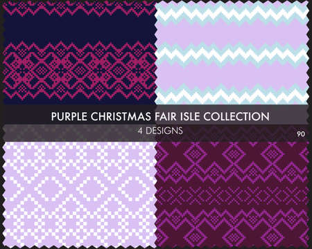 Purple Christmas fair isle pattern collection includes 4 design swatches for fashion textiles, knitwear and graphicsのイラスト素材
