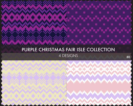Purple Christmas fair isle pattern collection includes 4 design swatches for fashion textiles, knitwear and graphicsのイラスト素材