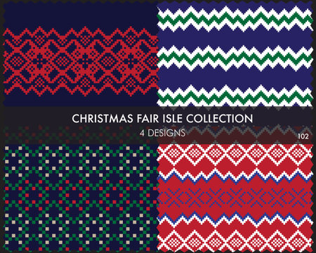 Christmas fair isle pattern collection includes 4 design swatches for fashion textiles, knitwear and graphicsのイラスト素材