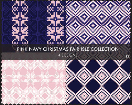 Pink Navy Christmas fair isle pattern collection includes 4 design swatches for fashion textiles, knitwear and graphicsのイラスト素材