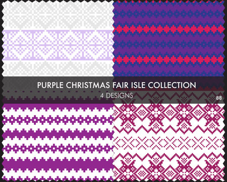 Purple Christmas fair isle pattern collection includes 4 design swatches for fashion textiles, knitwear and graphicsのイラスト素材