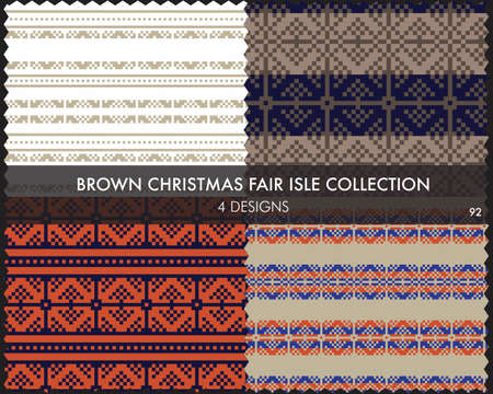 Brown Christmas fair isle pattern collection includes 4 design swatches for fashion textiles, knitwear and graphicsのイラスト素材