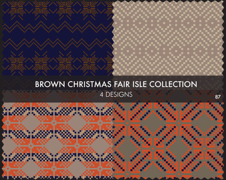 Brown Christmas fair isle pattern collection includes 4 design swatches for fashion textiles, knitwear and graphicsのイラスト素材