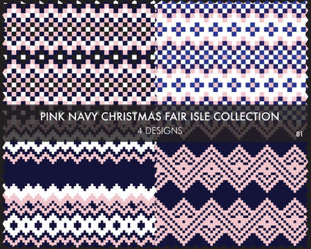 Pink Navy Christmas fair isle pattern collection includes 4 design swatches for fashion textiles, knitwear and graphicsのイラスト素材