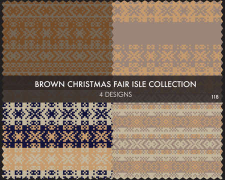 Brown Christmas fair isle pattern collection includes 4 design swatches for fashion textiles, knitwear and graphicsのイラスト素材