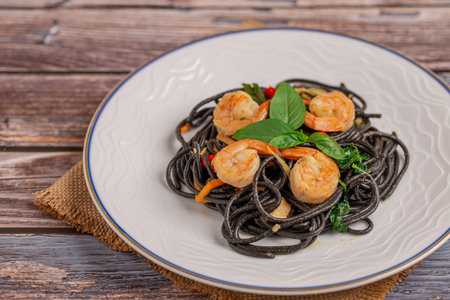 Black Spaghetti with spicy fried shrimp on a wooden tableの写真素材