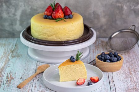 Slice of delicious Taiwanese castella cake with blueberry topping on wooden background.