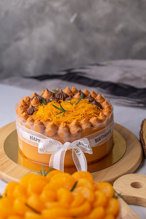 Thai tea layer cake decorated with white ribbon for birthday cake on wooden board, style Thai cake.の写真素材