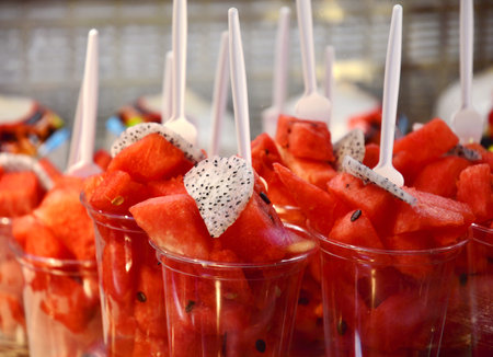 Fruit coctails at the grocery market. Fresh, tasty , vitamin meal.