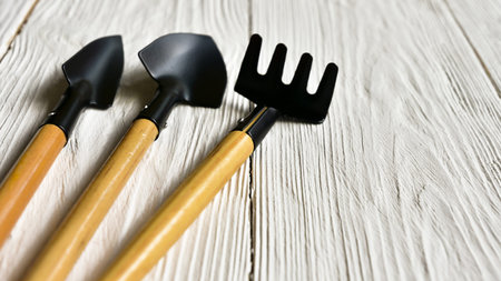 Tools for gardening at home. Two mini shovels and rakes lie on a white wooden background. Side view....