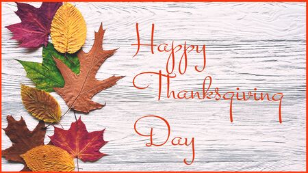 Colorful dried leaves on a white wooden background. Thanksgiving Greeting Card.の写真素材