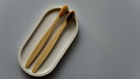 Two bamboo toothbrushes on a concrete tray. Blue paper background. Zero waste concept. Top view. Copy space.の写真素材