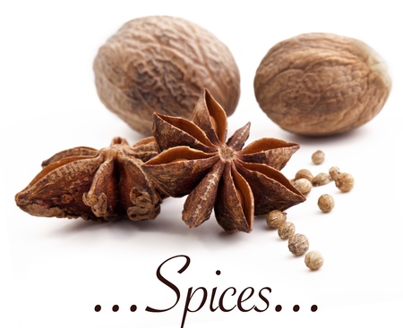 Different spices, Cinnamon, anise, nutmeg isolated on white backgroundの写真素材