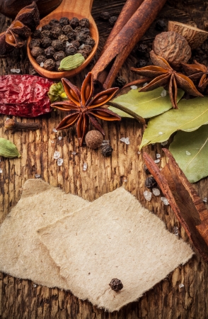 Spices on wooden table with spoons with paper for notes  Spices borderの写真素材