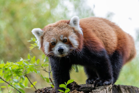 Red Panda (ailurus fulgens) on a log or trunk of a tree looking straight ahead, red panda seemingly...