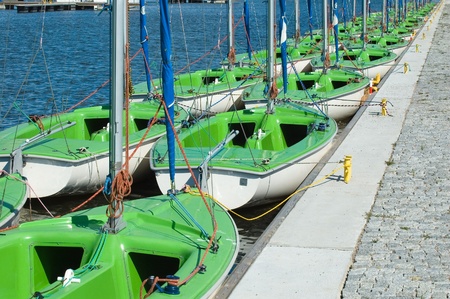 Group of sailboats moored in port, Masuria, Polandの写真素材