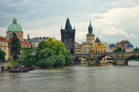 Charles Bridge and Old Town Bridge Tower  in Prague, Czech Republicの写真素材