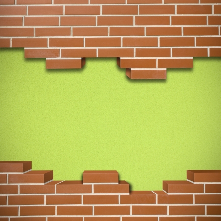 Broken red brickwall with cork green texture in the backgroundの写真素材