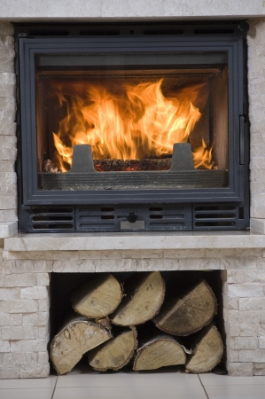 Interior design of living room with fireplace の写真素材
