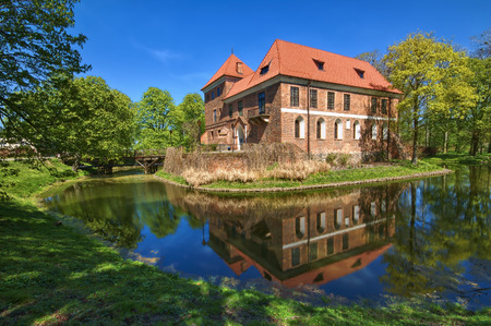 Medieval castle on small island surrounded by moat water in Oporow, Polandのeditorial素材