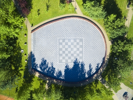 Aerial view of beautiful public city park in Wegorzewo, Mazury, Polandの写真素材