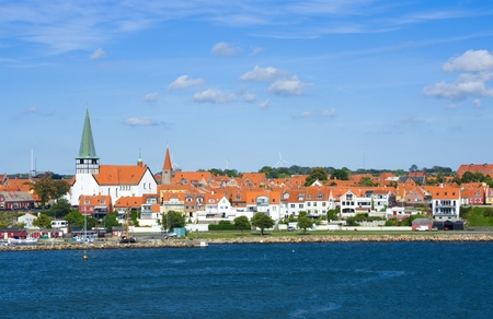 Panorama of Ronne town from the harbor, St Nicolas Church on the left, Bornholm, Denmarkの写真素材