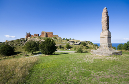Hammershus castle - the biggest Northern Europe castle ruins situated at steep granite cliff on the Baltic Sea coast, Bornholm, Denmarkの写真素材