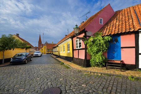 Traditional colorful half-timbered houses in Ronne, Bornholm, Denmarkのeditorial素材