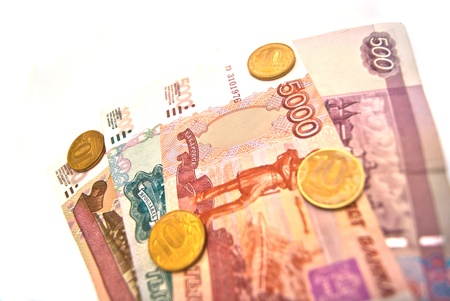Coins and banknotes of Russia on whiteの写真素材