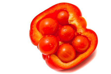 Fresh pepper and cherry tomatoes on whiteの写真素材