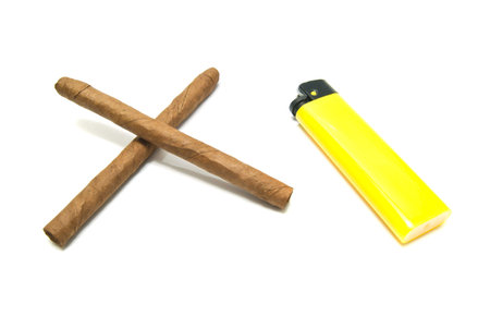 two cigars and yellow plastic lighter on white