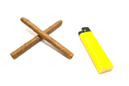 two cigars and plastic lighter on white closeupの写真素材