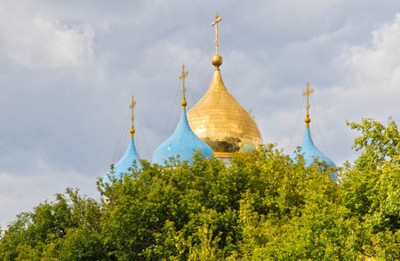 Christian dome of the cathedral among the leavesの写真素材
